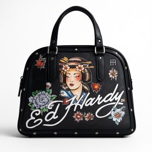 Ed Hardy Japanese Geisha Tattoo Art Studded Tote Satchel Crossbody Black NWT